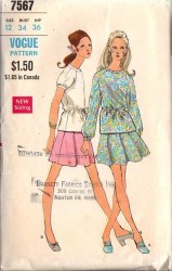 7567 VOGUE 1969 2 PC DRESS SS-LS LONG TOP, A-SKIRT PATTERN 12 34